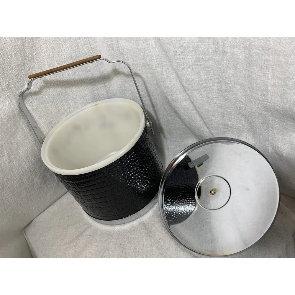 Atapco Ice Bucket Alligator Faux Black Leather Chrome Lid Wooden handle Vintage